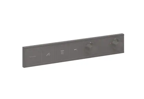 Thermostatbedienfeld von Hansgrohe mit mehreren Einstellmöglichkeiten für Wassertemperatur und -fluss in gebürstetem Schwarz.
